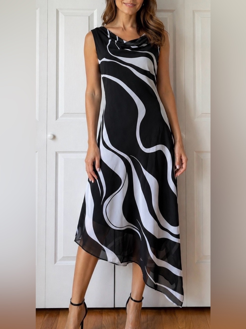 Y2K Black & White Cowl Neck Asymmetrical Midi Dress